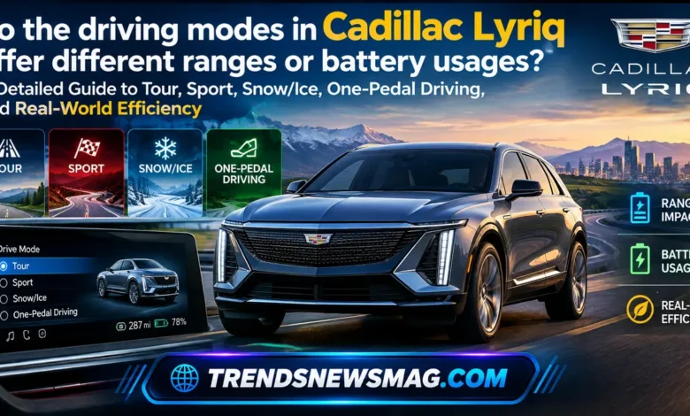 Do the driving modes in Cadillac Lyriq offer different ranges or battery usages